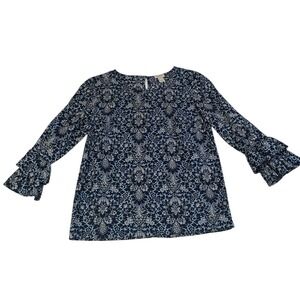 J Crew Floral Double Ruffle Bell Sleeve Blouse 00 Navy Blue Medallion Print Top